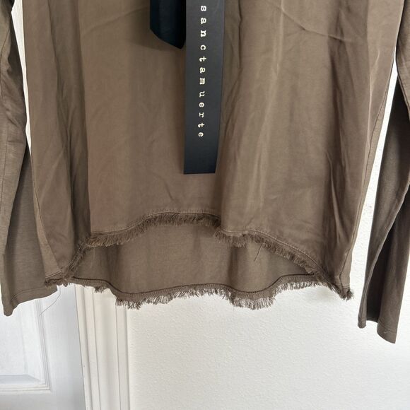 SANCTAMUERTE Top Raw Hem Brown Blouse Size XS Fringes Long Sleeve Oversize Boxy - Picture 5 of 11